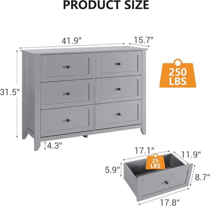 Grey 6 Drawer Dresser for Bedroom, Simply Modern Chest of Drawers, Wood Storage Double Dresser with Deep Drawers for Living Room, Hallway Entryway