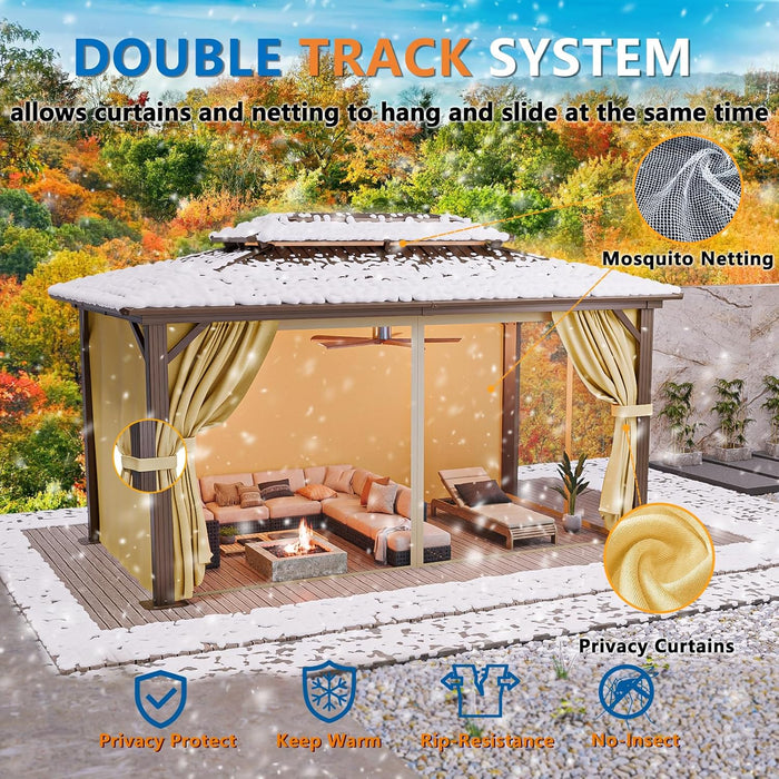 10X15 Hardtop Gazebo on Clearance with Heavy Duty Galvanized Steel Metal Roof, Patio Hard Top Gazebo with Curtains & Netting,Outdoor Permanent Hot Tub Gazebo Pavillon for Backyard,Deck,Brown
