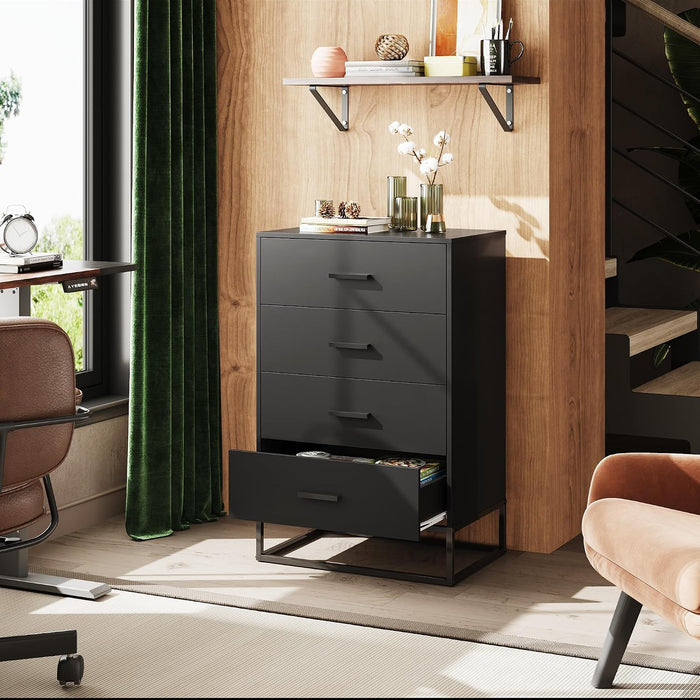Black Dresser for Bedroom with 4 Drawers, Tall Dresser with Sturdy Metal Frame, Wood Chest of Drawers for Closet, Living Room, Hallway