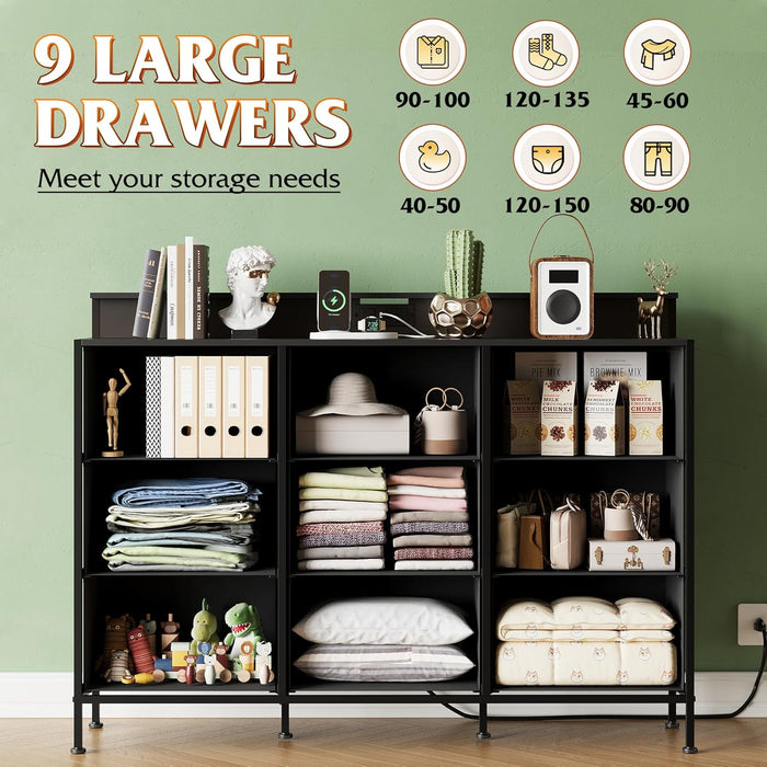 Dresser TV Stand for 55 Inch, Led Dresser for Bedroom, Black Dressers for Bedroom with LED Lights and Charging Station, Chest of Drawers, 9 Fabric Dresser Drawers, Wood Top, Living Room, Closet