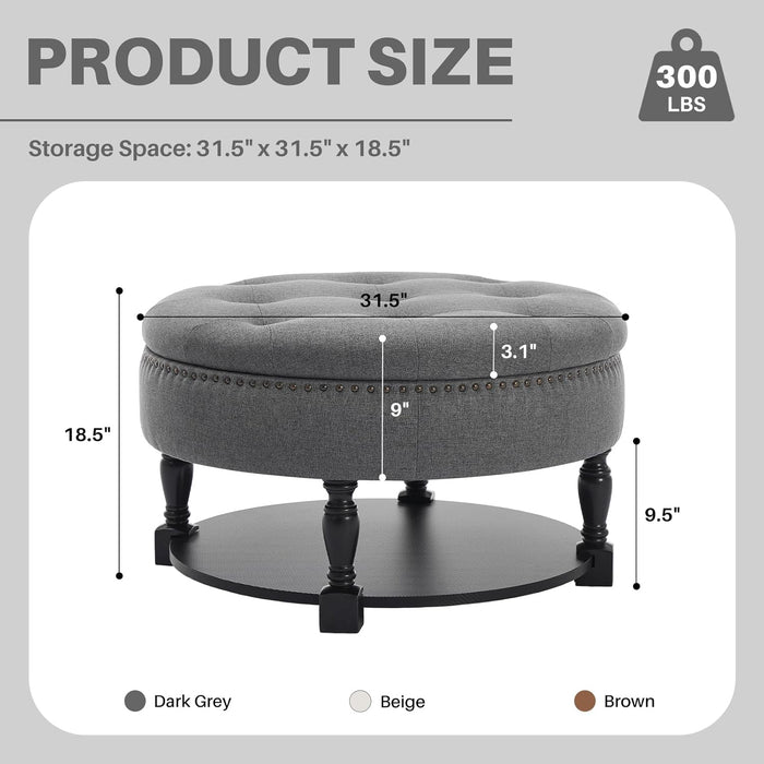 31.5" Large round Ottoman Coffee Table with Storage, Upholstered Button Tufted Linen Ottoman, Large Shelf Storage with Solid Wooden Legs for Living Room，Dark Gray