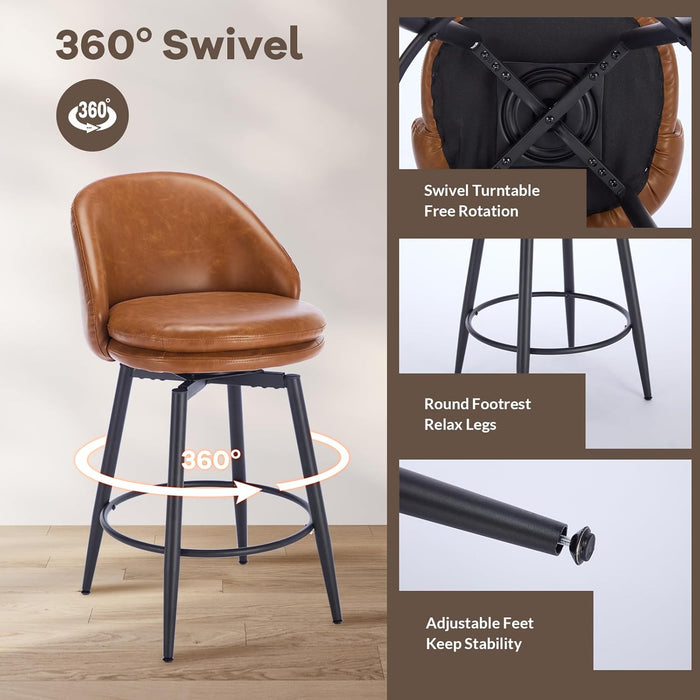 Counter Height Bar Stools Set of 2, 26 Inch Swivel Barstools with Back and Metal Legs for Kitchen Counter, Modern Upholstered Stools Island Chairs, Brown PU Leather