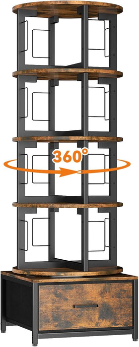 5 Tier Rotating Bookshelf Tower with Storage, Rustic Brown | 360° Spinning Bookcase with Fabric Drawer, round Revolving Book Shelf Organizer, Narrow Swivel Bookshelves for Small Space