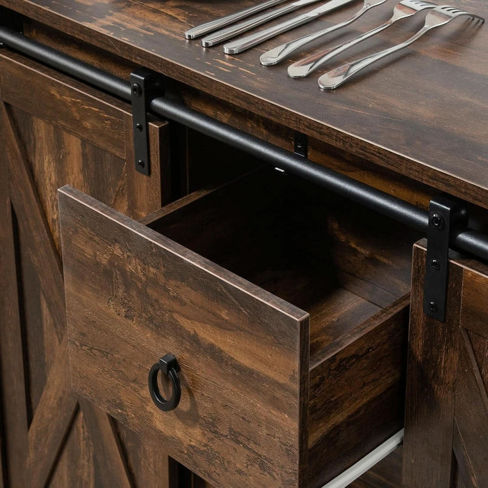Industrial Farmhouse Buffet Cabinet, Kitchen Sideboard with Sliding Barn Doors, Three Drawers and Adjustable Shelves for Living Room, Rustic Brown