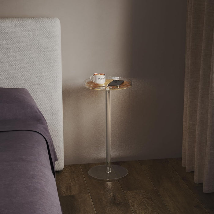 Acrylic Rattan Drink Table for Small Spaces, 11.8'' L X 11.8'' L X 24'' H, round Coffee Martini Drink Side Table with Pedestal for Living Room, Corners, Sofa, Clear, Easy Assembly
