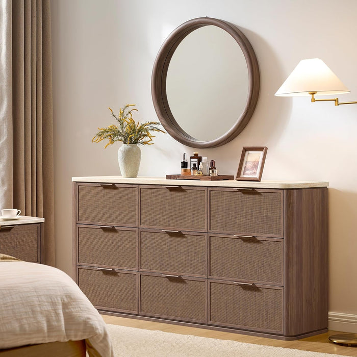 Rattan 9 Drawer Dresser for Bedroom, 63.1" Wide Modern Chest of Drawers with Faux Travertine Top, Solid Wooden Dresser TV Stand for Living Room, Nursery, Hallway, Dark Oak