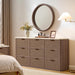 Rattan 9 Drawer Dresser for Bedroom, 63.1" Wide Modern Chest of Drawers with Faux Travertine Top, Solid Wooden Dresser TV Stand for Living Room, Nursery, Hallway, Dark Oak