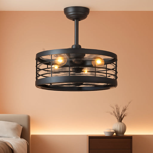 16.5 Inch Black Caged Ceiling Fan with Light, Fandelier Industrial Ceiling Fan with Remote, Farmhouse Fan Lights Ceiling Fixtures for Kitchen, Bedroom, Outdoor（6 Speed, Timing）-Black