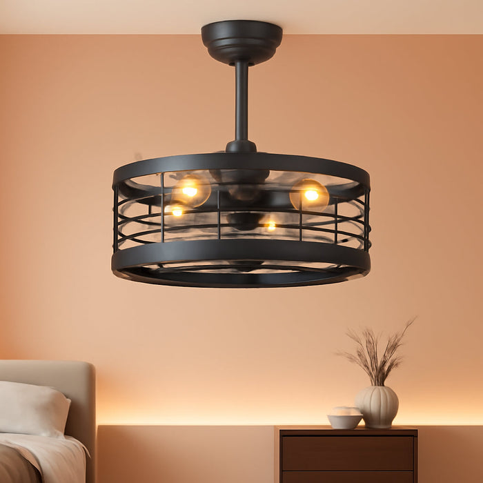16.5 Inch Black Caged Ceiling Fan with Light, Fandelier Industrial Ceiling Fan with Remote, Farmhouse Fan Lights Ceiling Fixtures for Kitchen, Bedroom, Outdoor（6 Speed, Timing）-Black
