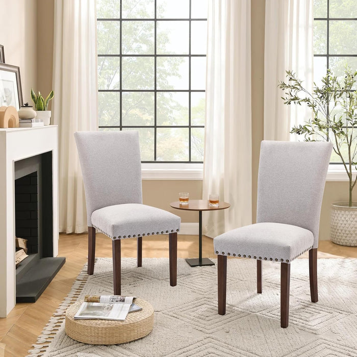 Fabric Dining Chairs Set of 2, Parsons Chairs Upholstered Nailhead Dining Room Kitchen Chair with Thick Cushions and Wood Legs, Light Grey