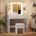 White Vanity Desk with Mirror and Lights, Makeup Vanity with 10 LED Bulbs and 3 Color Modes, Dressing Table Set with Power Outlets, Storage Drawers and Chair for Bedroom