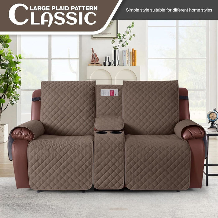 100% Waterproof Recliner Loveseat Cover with Console, Non-Slip Reclining Couch Covers for 2 Seat, Recliner Sofa Cover Furniture Protector with Elastic Straps for Kids, Pets, Brown