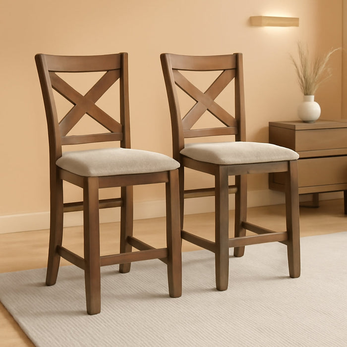 Moriville Rustic Farmhouse 24.5" Upholstered Barstool, 2 Count, Beige & Brown