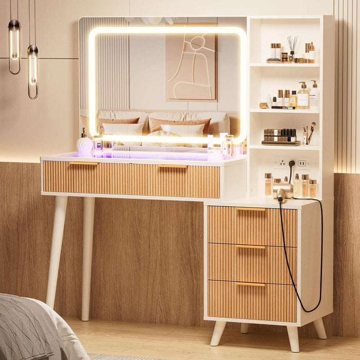 44" Vanity Desk with Mirror and Lights, Makeup Vanity Desk with Power Outlet, Makeup Desk with 5 Drawers&Storage Shelves, Vanity Table 3 Color Adjustable Brightness Dressing Table Set for Bedroom