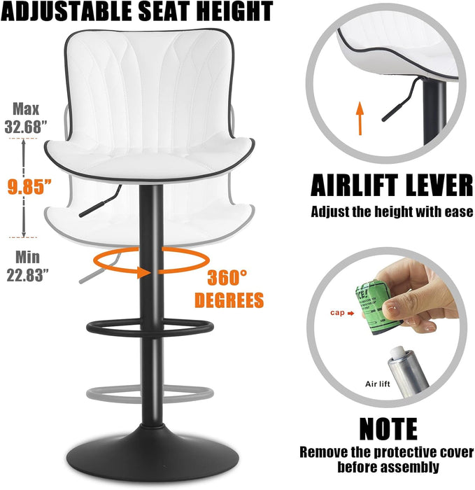White Bar Stools Set of 2 Modern Kitchen Counter Height Bar Chair with Back Swivel Adjustable Faux Leather Upholstered Barstools for Breakfast Island Tall 300LBS