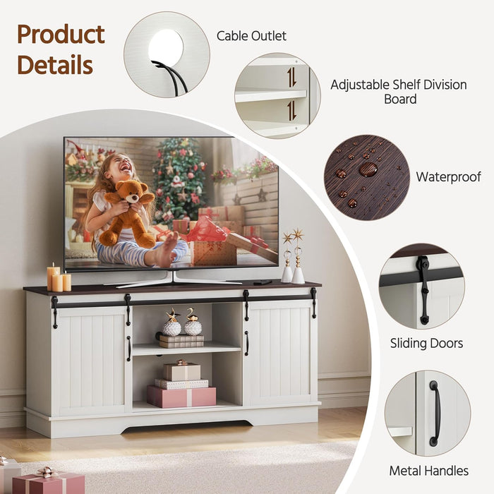 TV Stand for 65 Inch TV, Farmhouse Entertainment Center with Sliding Barn Doors, TV Media Console for Living Room, White & Espresso