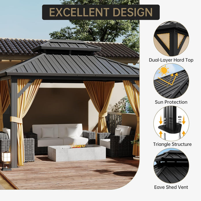 10X12 FT Hardtop Gazebo, Khaki Heavy Duty Aluminum Frame Patio Gazebo, Double Roof All-Weather Metal Canopy with Curtains and Netting for Patio, Garden, Poolside