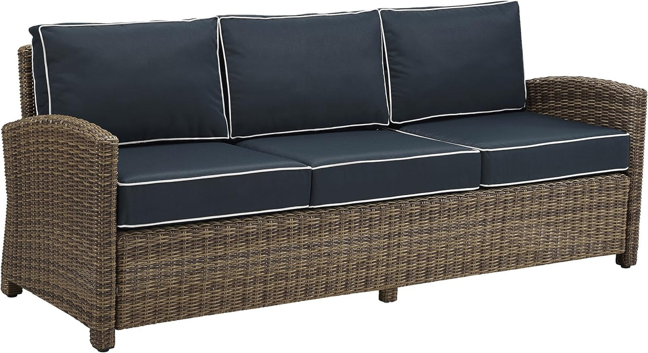 Bradenton Wicker Outdoor Sofa, 3-Person Patio Couch for Porch, Deck, Backyard, Brown with Navy Cushions