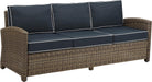 Bradenton Wicker Outdoor Sofa, 3-Person Patio Couch for Porch, Deck, Backyard, Brown with Navy Cushions