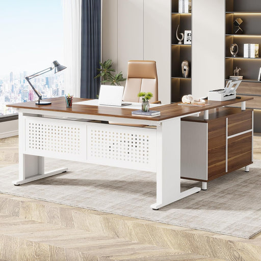 63 Inch Executive Desk with File Cabinet, L Shaped Office Desk with Drawers and Storage Shelves, Business Furniture Set Workstation for Home Office, White and Walnut