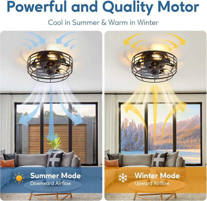 Farmhouse Caged Ceiling Fan with Light, Bladeless Flush Mount Fan Lights Ceiling Fixtures with Remote, 12 in 6 Speeds Indooor Lights for Kitchen, Living Room, Bedroom, Black