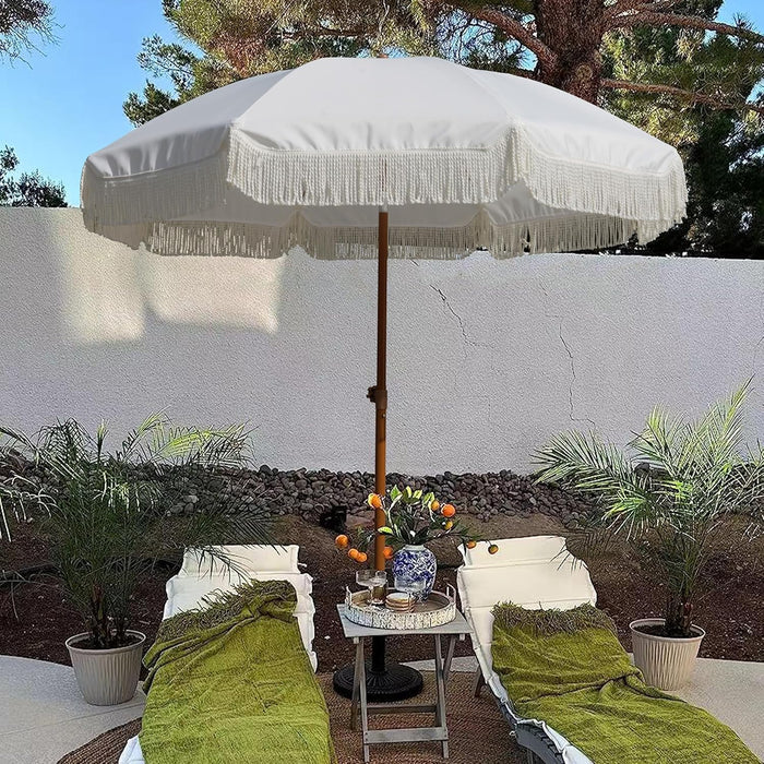 7Ft Patio Umbrella with Fringe Outdoor Tassel Umbrella UPF50+ Premium Steel Pole and Ribs Push Button Tilt, White Cream