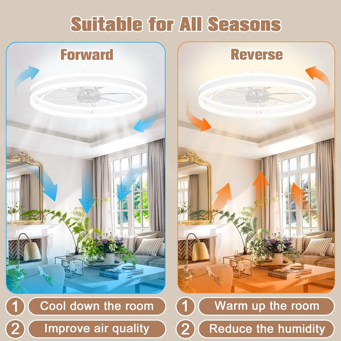 Low Profile Ceiling Fans with Lights and Remote, 23.6In Flush Mount Ceiling Fans with Light, 3000K-6500K Dimmable Fandelier LED Fan Light, White Bladeless Ceiling Fans with Lights for Bedroom