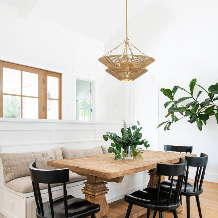 Modern Farmhouse Chandelier for Dining Room, 5-Lights Gold Chandelier for Entryway, Hand-Woven Rattan Pendant Light for Bedroom Kitchen Living Room