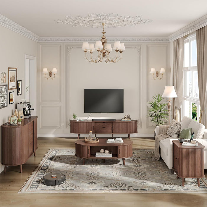 59" Mid Century Modern TV Stand with Charging Station, 32" Tall Farmhouse Curved Edge Media Console Table with Drawer and Shelf, Fluted Entertainment Center for Living Room, Bedroom Walnut