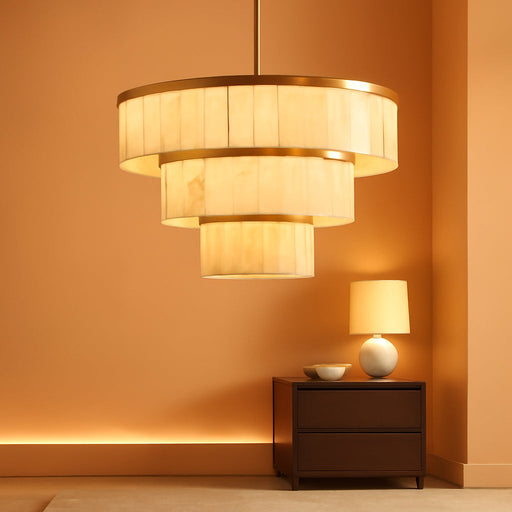 D34.3 round Alabaster Chandelier, 3-Tier Brass Marble High Ceiling Chandeliers, Modern Dining Room Chandeliers Living Room Light for Entryways, Foyer, Stair, Kitchen Gold(Include Bulbs)