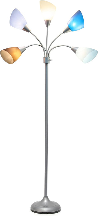 LF2006-SBG 67" Contemporary Multi Head Medusa 5 Light Adjustable Gooseneck Silver Floor Lamp with Blue, White, Gray Shades for Kids Bedroom Playroom Living Room Office