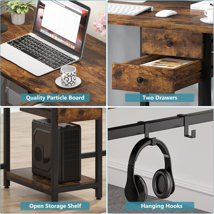 79" Double Desk, Two Person Desk with Storage Drawer, Long Desk Home Office Desks for 2 Person, Rustic Brown