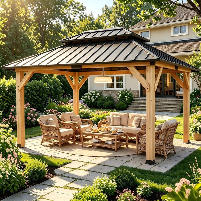 10x12 Wooden Gazebo With Galvanized Rainproof Roof
