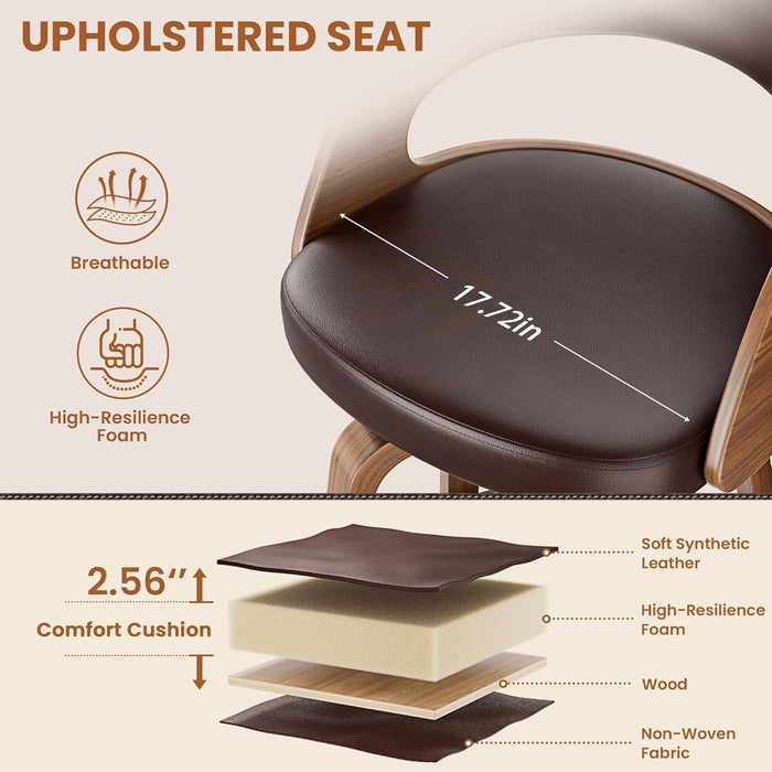 Bar Stools Set of 2, 26" Counter Height Barstools with Bentwood Legs, Swivel Counter Stools with Back, Mid Century Modern Faux Leather Upholstered Barstools for Kitchen Island, Brown