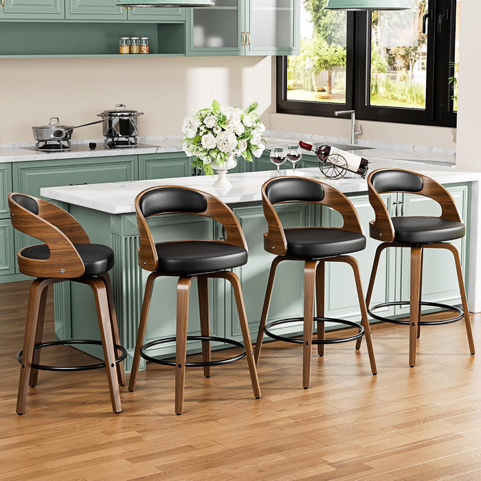 Bar Stools Set of 2, 26" Bentwood Counter Height Barstools, Black | Swivel, Mid-Century Modern, Faux Leather, Ergonomic Backrest, Padded Seat, Bentwood Legs, Footrest, for Kitchen Island, Bar