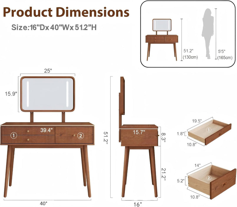 Wood Vanity with Mirror Light, Three-Drawer Vanity, Three-Color Adjustable Vanity Mirror, Suitable for Bedrooms and Dressing Rooms, Walnut Wood
