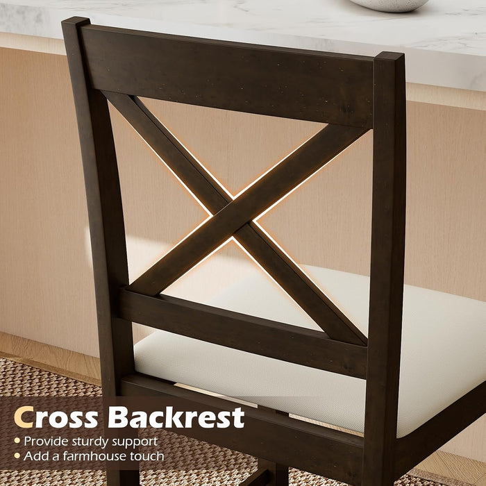 24" Farmhouse Bar Stools Set of 2, Cross Back Counter Height Chairs with Padded Linen Upholstered Seat & Footrest, Wooden Barstools for Kitchen Island, Dining Room, Cafe, Dark Brown & Cream