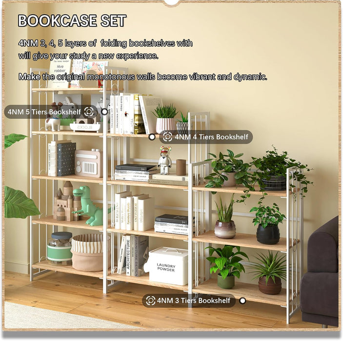 No Assembly 5 Tiers Folding Bookshelf, 59.4" H Foldable Storage Shelves Vintage Bookcase Standing Racks Study Organizer Home Office - Natural White