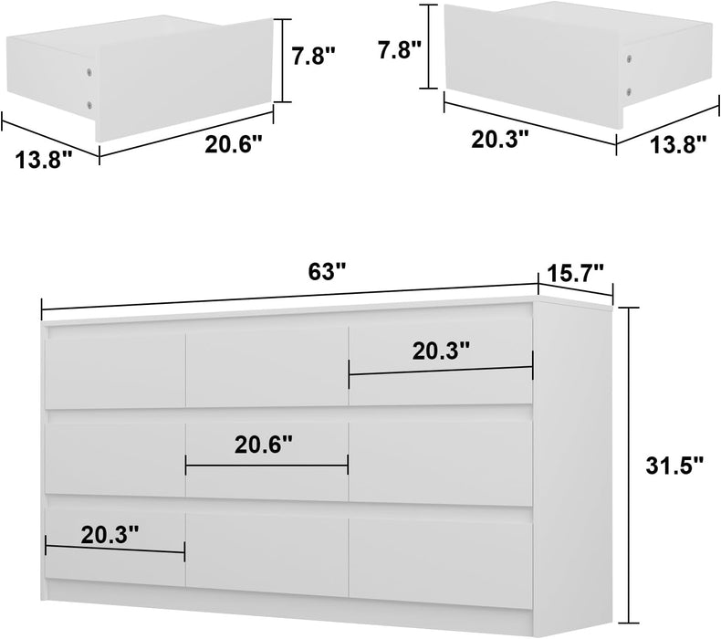 9-Drawer White Dresser for Bedroom