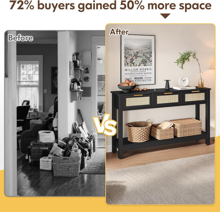 Entryway Console Table with 3 Rattan Drawers - Long Sofa Table behind Couch Modern Fluted Hallway Living Room Storage Cabinet, Entry Table Open Shelf Foyer Furniture, Anti-Tip, Black, 47 Inch