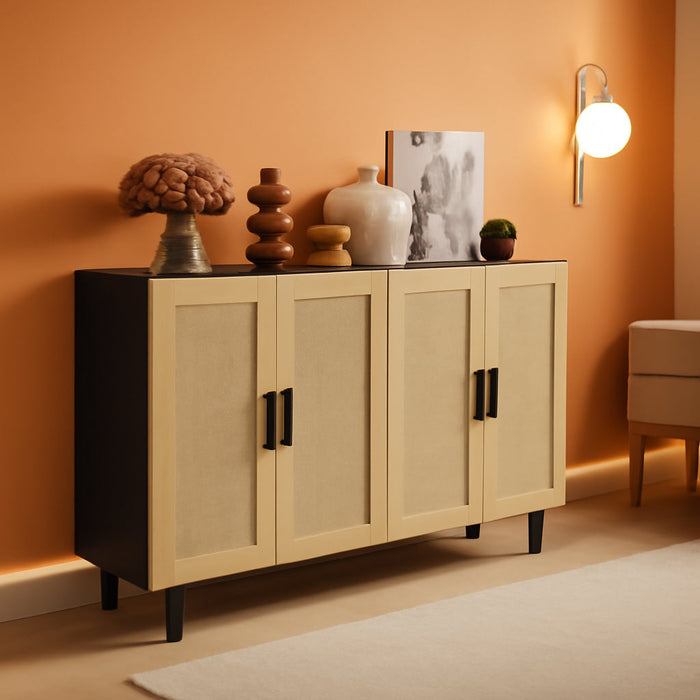 Sideboard Buffet Cabinet, Kitchen Cabinet, Coffee Bar Cabinet with 4 Rattan Doors and Adjustable Shelves, Black and Natural
