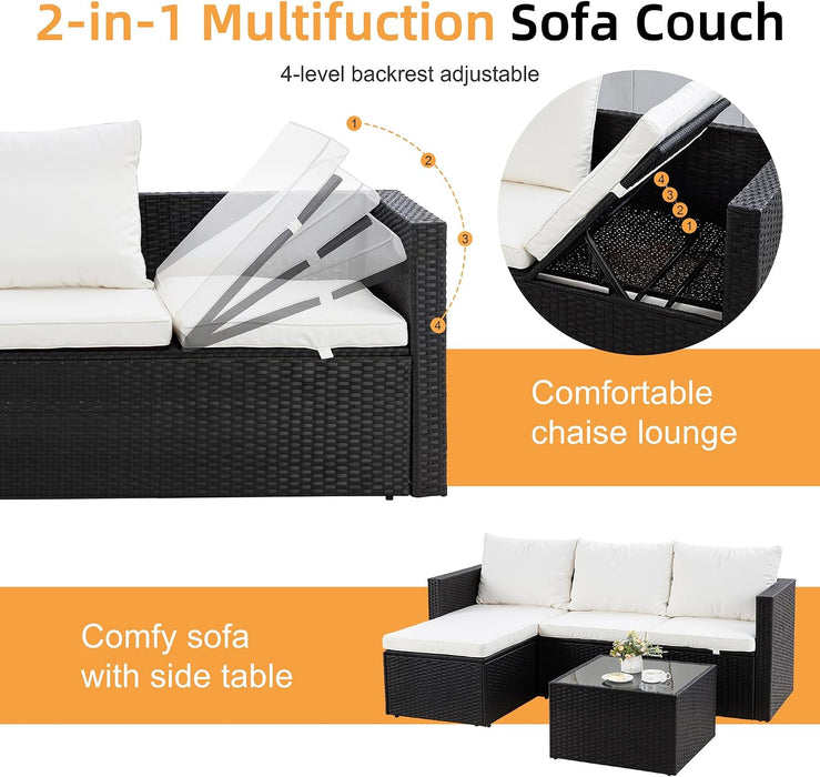 4 Pieces Patio Furniture Set, 2-In-1 Convertible Sectional Sofa & Chaise Lounge, All-Weather Wicker Rattan Sofa Couch with Cushions & Coffee Table for Yard, Garden, Porch, Poolside (Beige)