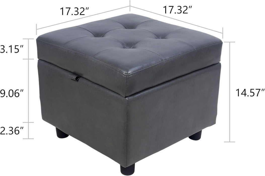 Tufted Leather Square Flip Top Storage Ottoman Cube Foot Rest (Grey with Storage)