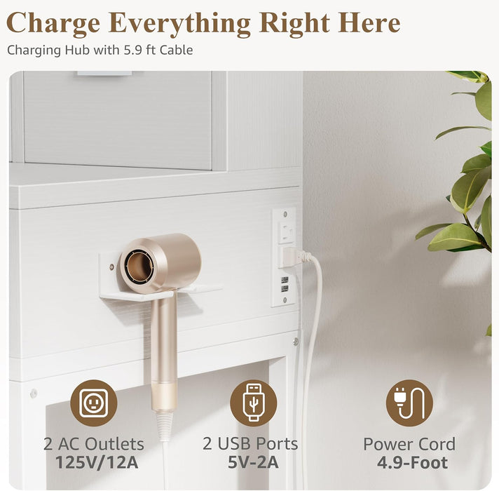 White Makeup Vanity Desk with Hollywood Mirror and Lights, Girls Vanity Set with Stool, Compact Make up Table with Drawers and Outlet for Bedroom Small Space