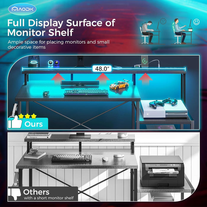Computer Desk, 48 Inch Gaming Desk with Led Lights & Power Outlet, Office Desk with Printer Storage Shelves, Reversible Desk with Monitor Shelf & Headphone Hook, Carbon Fiber Black