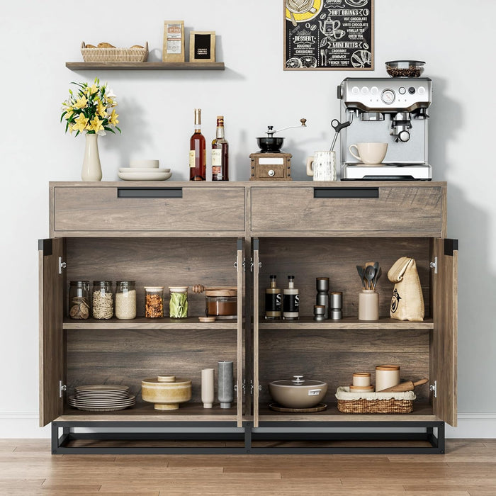 55" Buffet Cabinet with 2-Drawer and 4-Door Storage - Kitchen Dining Room Coffee Bar Organizer, Large Accent Furniture for Dining Room, Brown