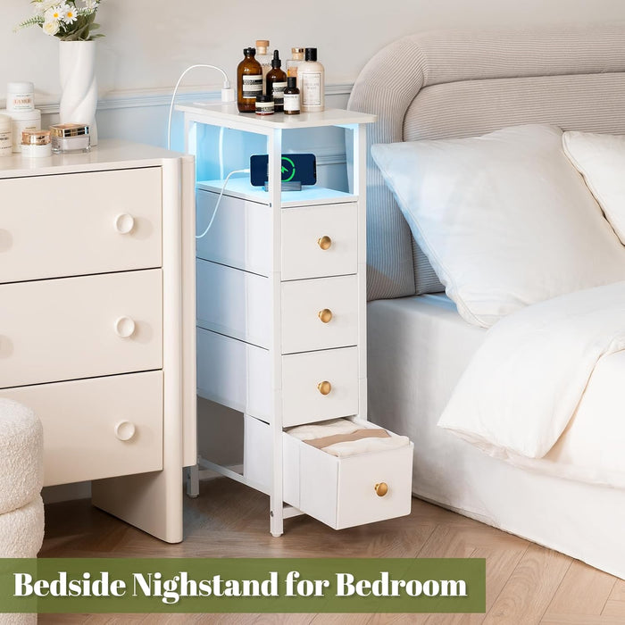 LED Narrow Nightstand with Charging Station - Slim Dresser for Bedroom Narrow Side Table Storage Cabinet, Small Dressers Chest of Drawers, Tall Night Stand End Table for Small Spaces, White
