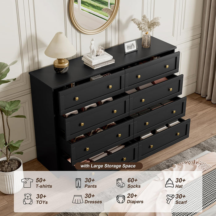 8 Drawer Double Dresser for Bedroom, 55.1" Wide Black Dressers & Chests of Drawers with Large Capacity Storage,White Dresser for Bedroom, Hallway