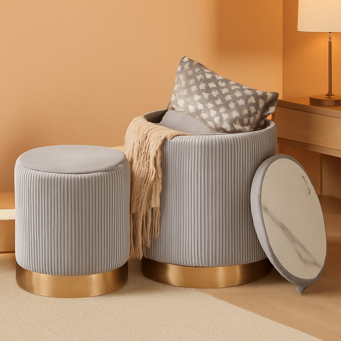 round Storage Ottoman Set of 2 Ottoman for Dorm Vanity Stool with Storage Velvet Footstools End Table Boucle Ottoman for Home Organization Gray UWBD016G