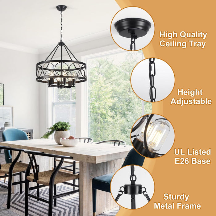 Black Farmhouse Chandelier, 6-Light Rustic Chandeliers for Dining Room Light Fixture, Drum Chandelier round Pendant Light, Hanging Kitchen Island Lighting for Living Room, Entryway, Foyer